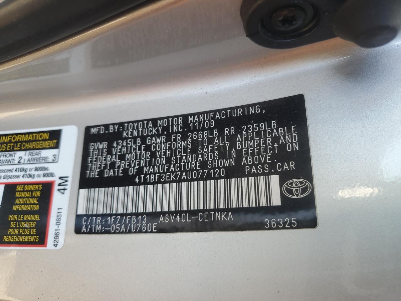 2010 Toyota Camry VIN 4T1BF3EK7AU077120 Copart auction photo, front end damage thumbnail 14