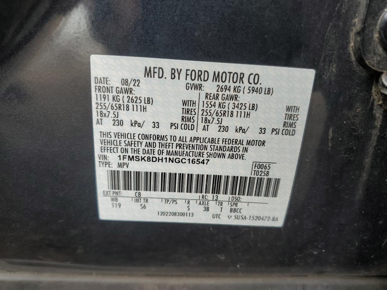 2022 Ford Explorer VIN 1FMSK8DH1NGC16547 Copart auction photo, front end / minor dent/scratches damage thumbnail 15