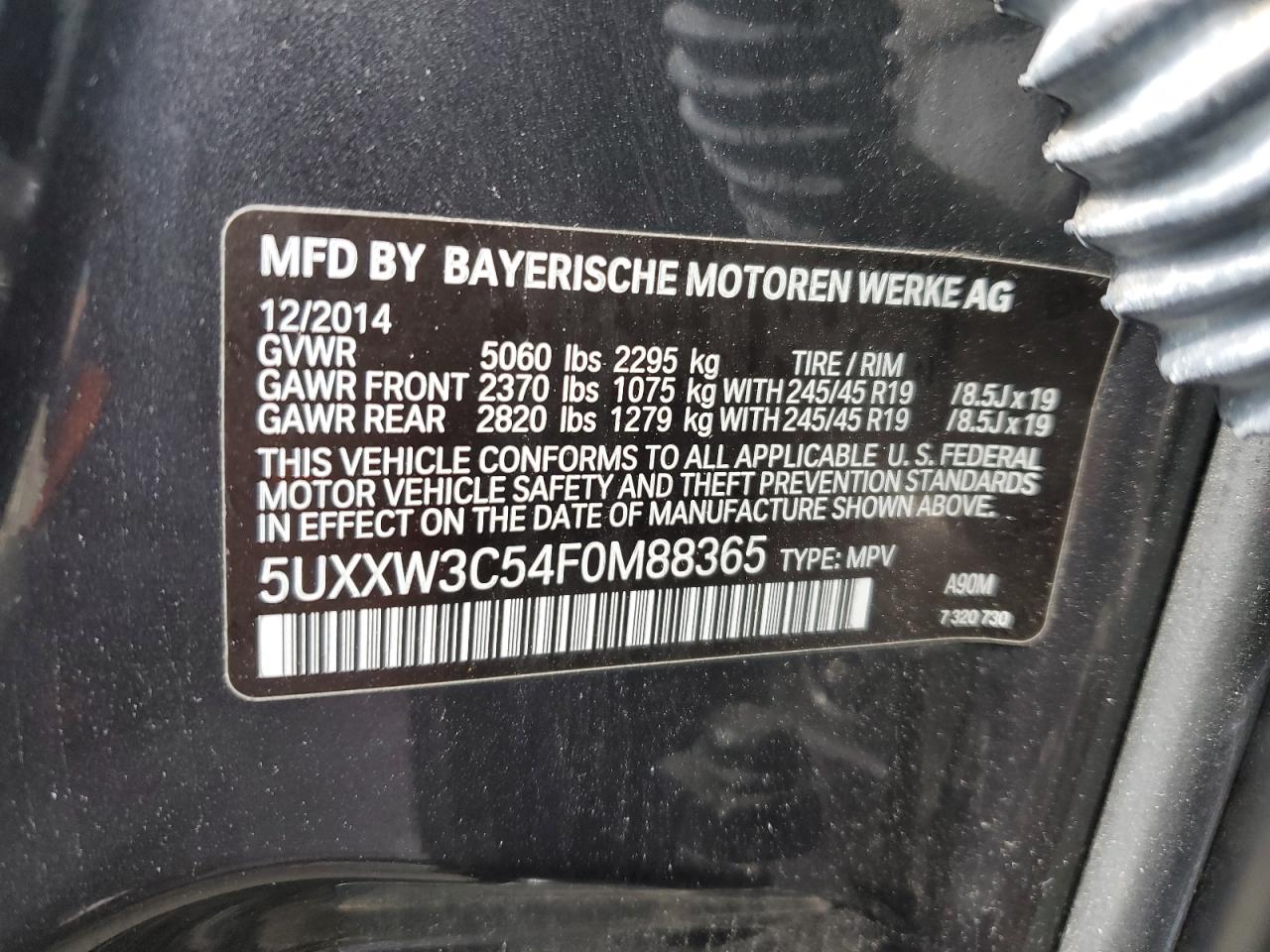 2015 BMW X4 VIN 5UXXW3C54F0M88365 Copart auction photo, side damage thumbnail 13