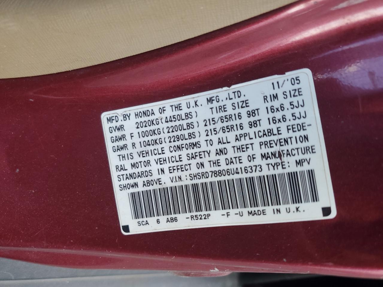 2006 Honda CR-V VIN SHSRD78806U416373 Copart auction photo, rear end / side damage thumbnail 13