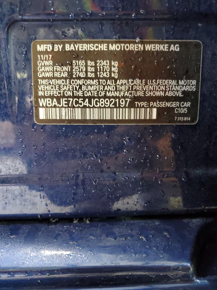 2018 BMW 5er VIN WBAJE7C54JG892197 Copart auction photo, front end / minor dent/scratches damage thumbnail 13