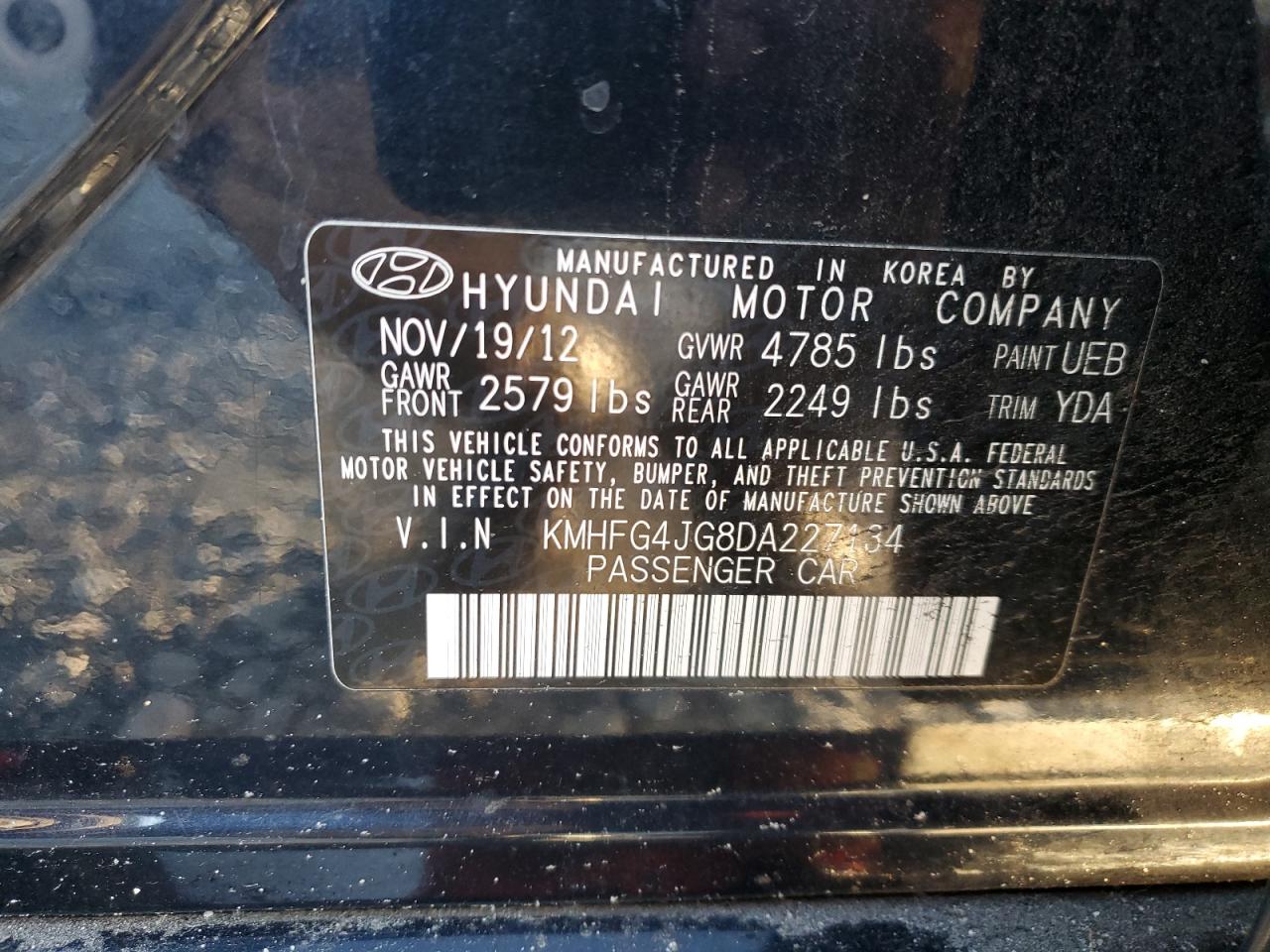 2013 Hyundai Azera VIN KMHFG4JG8DA227134 Copart auction photo, front end damage thumbnail 12