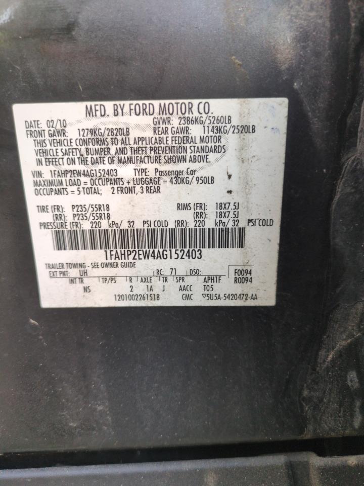 2010 Ford Taurus VIN 1FAHP2EW4AG152403 Copart auction photo, side / front end damage thumbnail 13