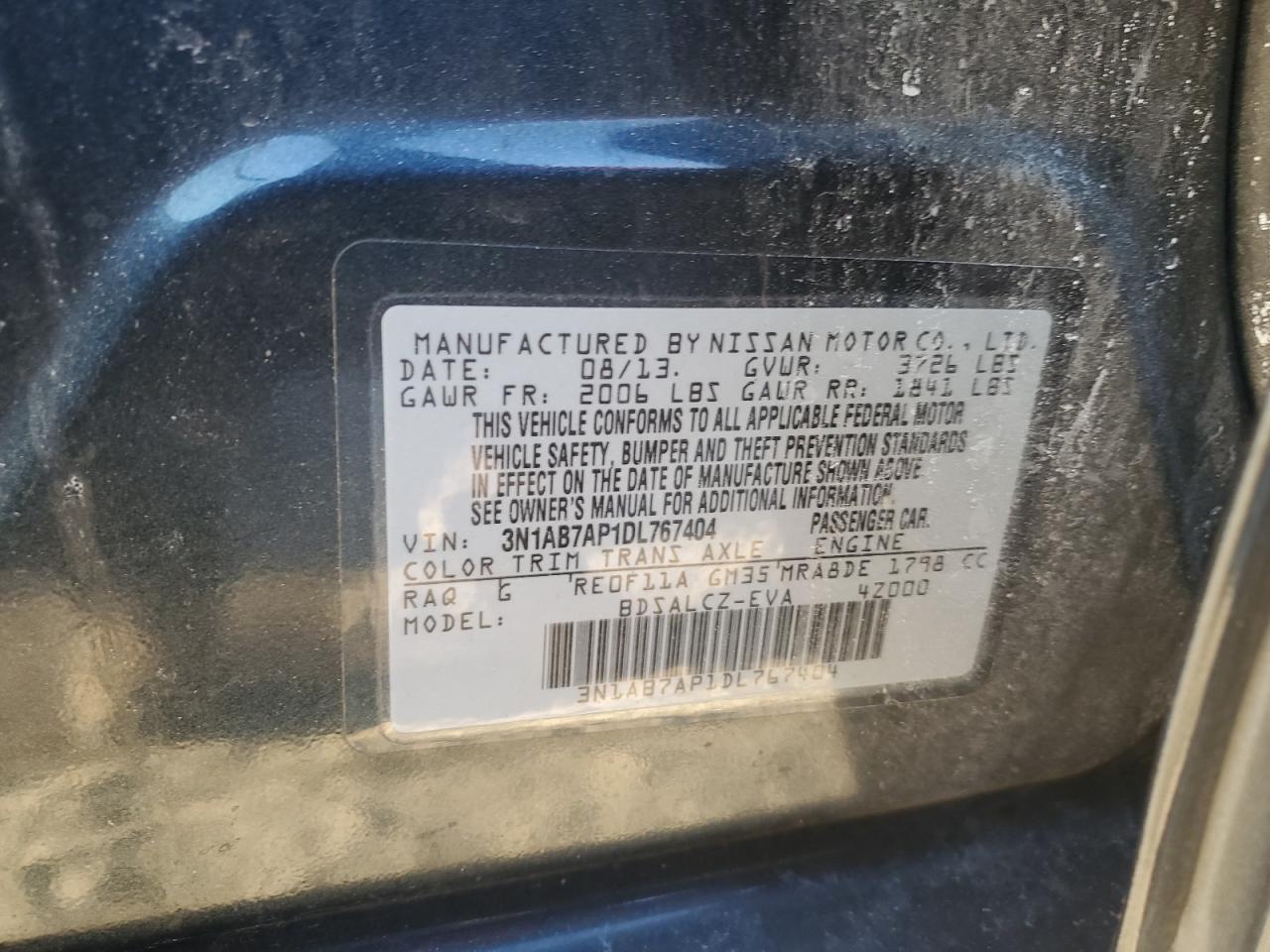 2013 Nissan Sentra VIN 3N1AB7AP1DL767404 Copart auction photo, rear end damage thumbnail 13