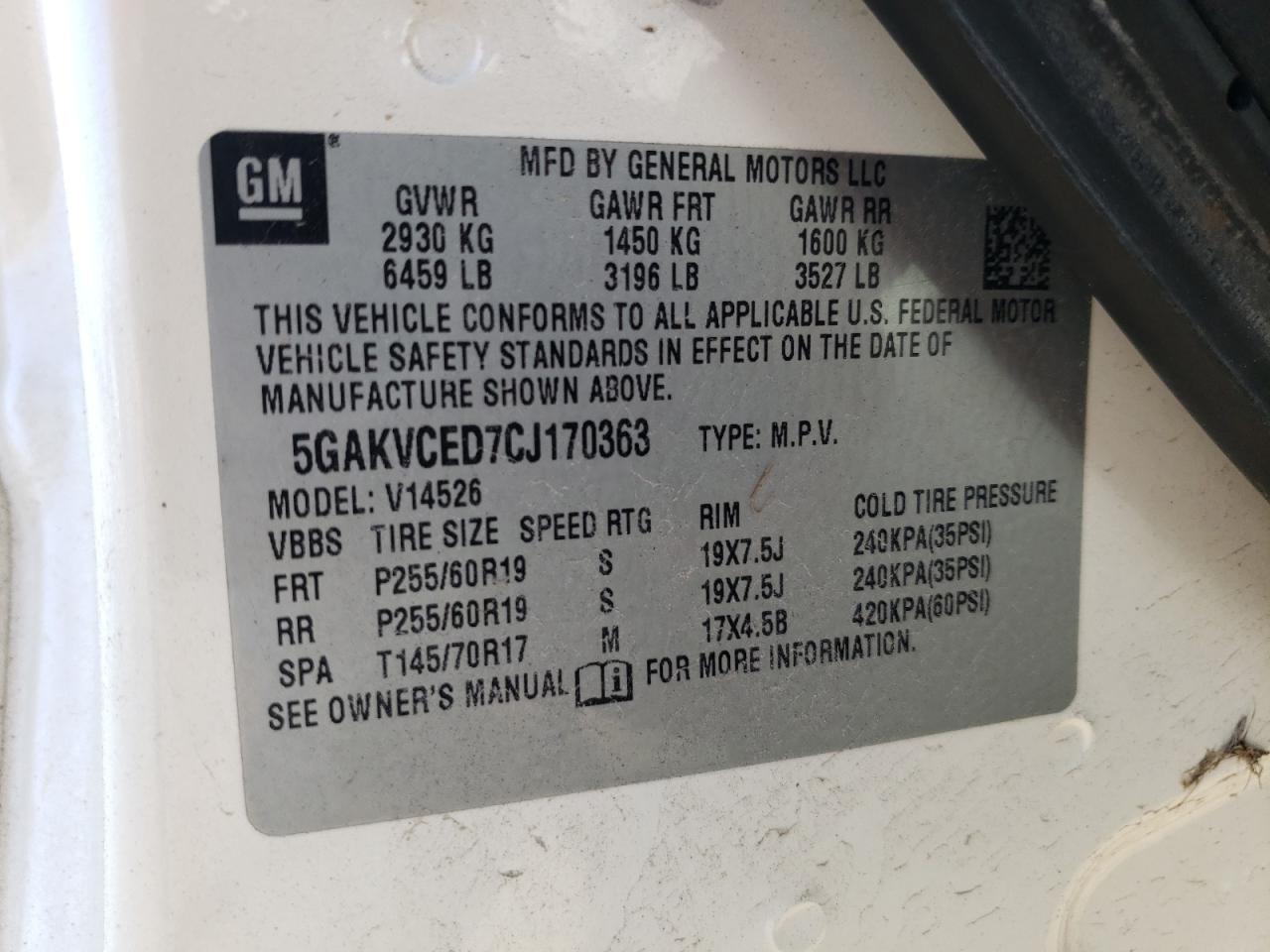 2012 Buick Enclave VIN 5GAKVCED7CJ170363 Copart auction photo, frame damage / front end damage thumbnail 13