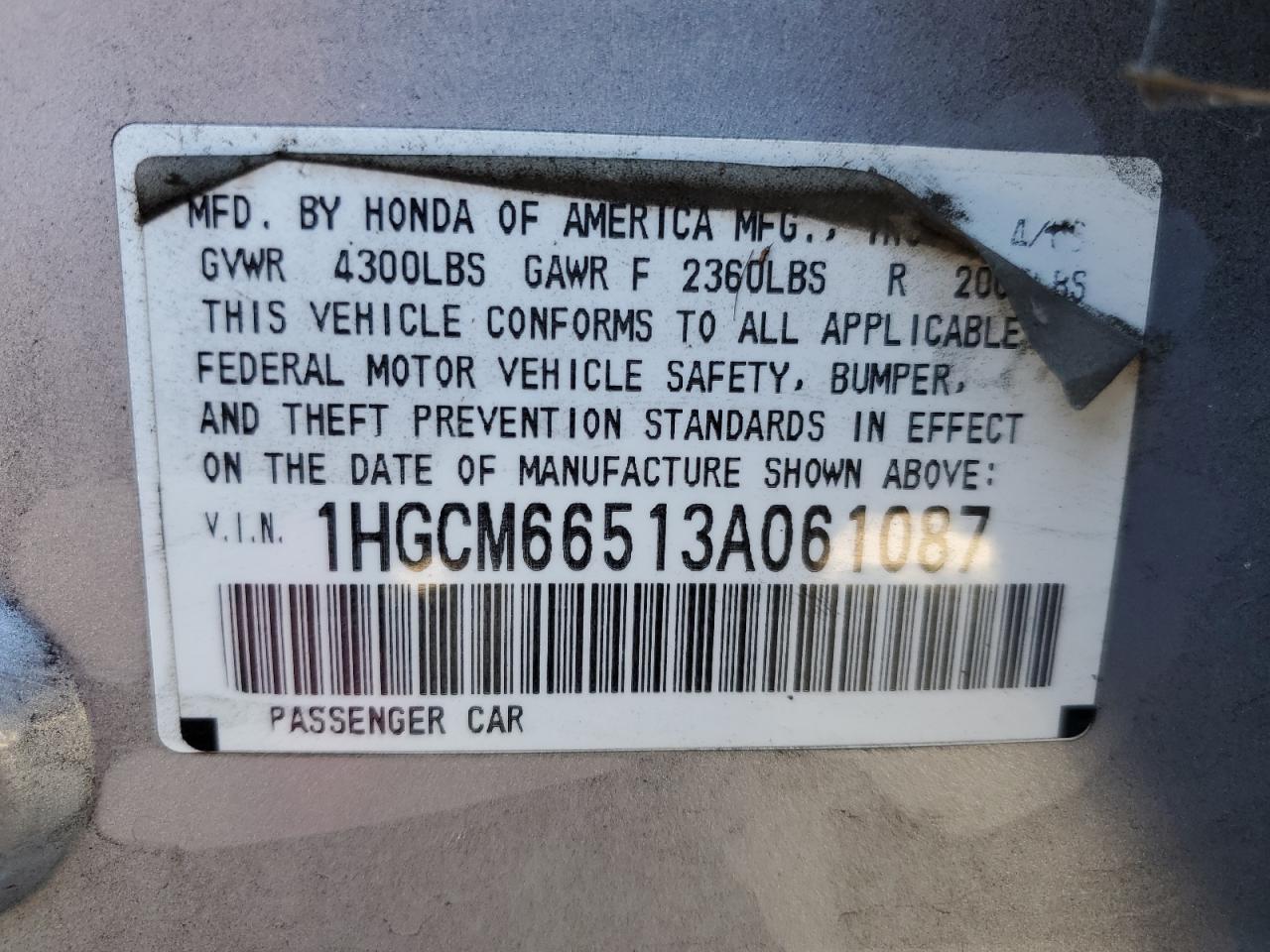 2003 Honda Accord VIN 1HGCM66513A061087 Copart auction photo, side / front end damage thumbnail 12