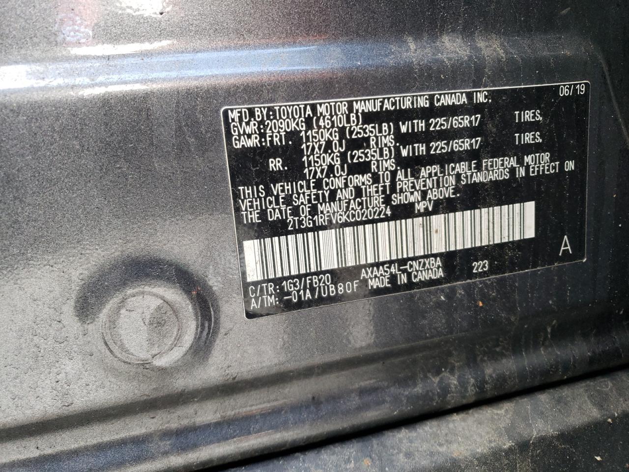 2019 Toyota RAV 4 VIN 2T3G1RFV6KC020224 Copart auction photo, all over damage thumbnail 13