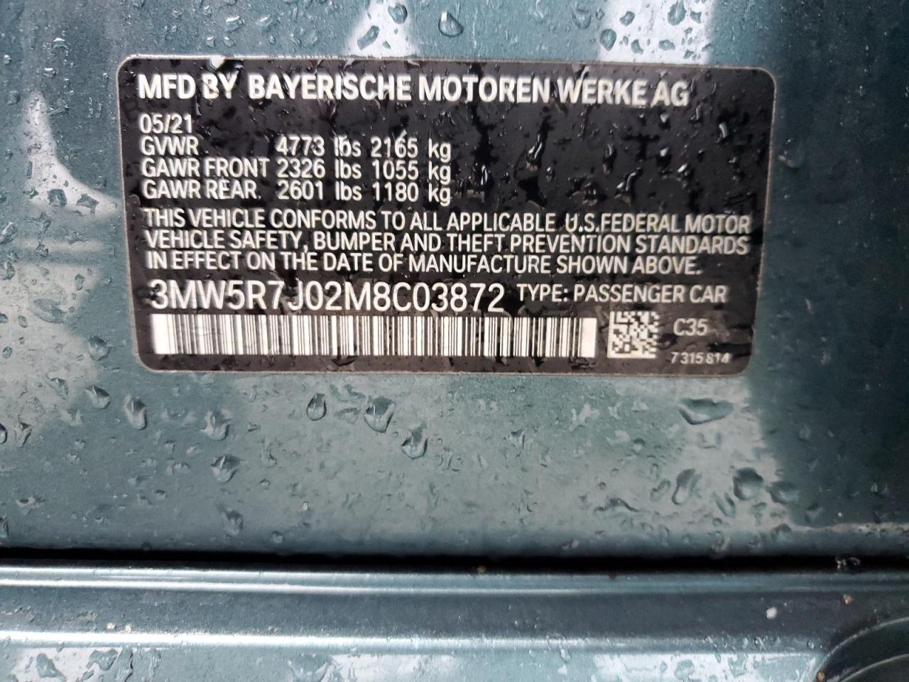 2021 BMW 3er VIN 3MW5R7J02M8C03872 Copart auction photo, front end damage thumbnail 14