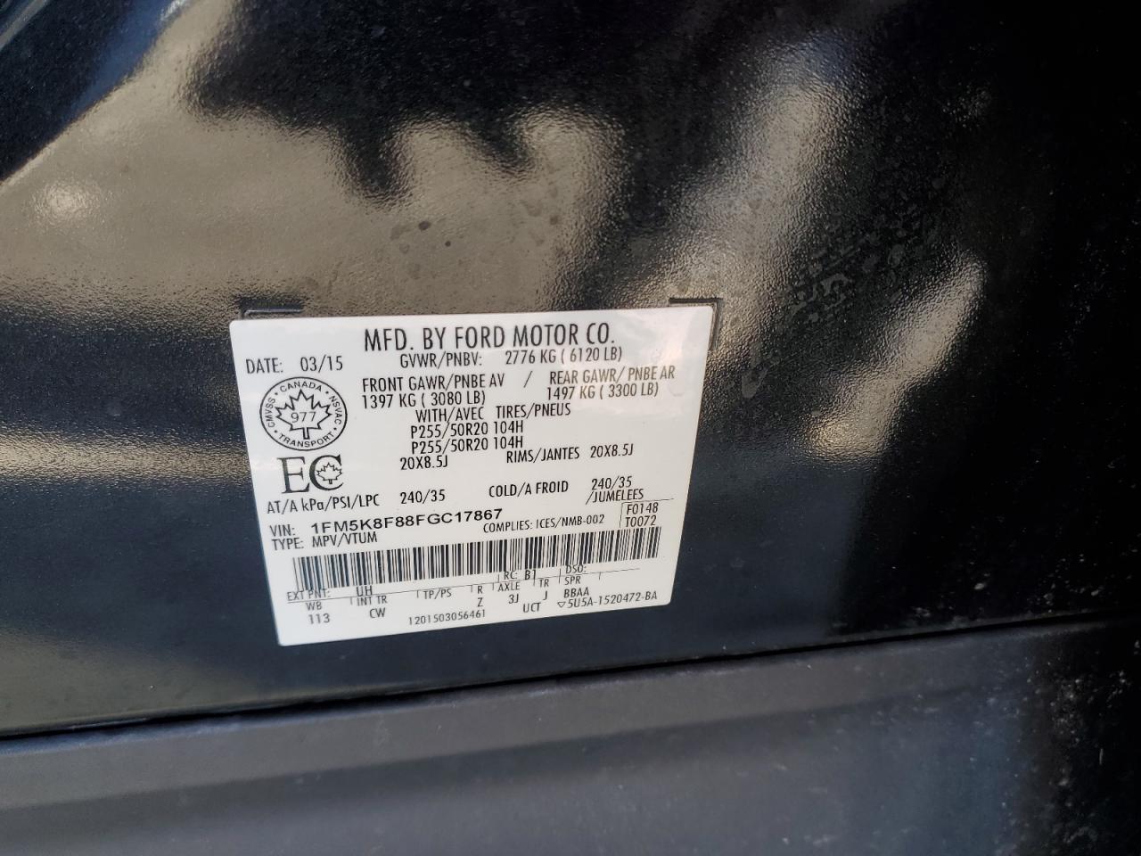 2015 Ford Explorer VIN 1FM5K8F88FGC17867 Copart auction photo, rear end / mechanical damage thumbnail 13