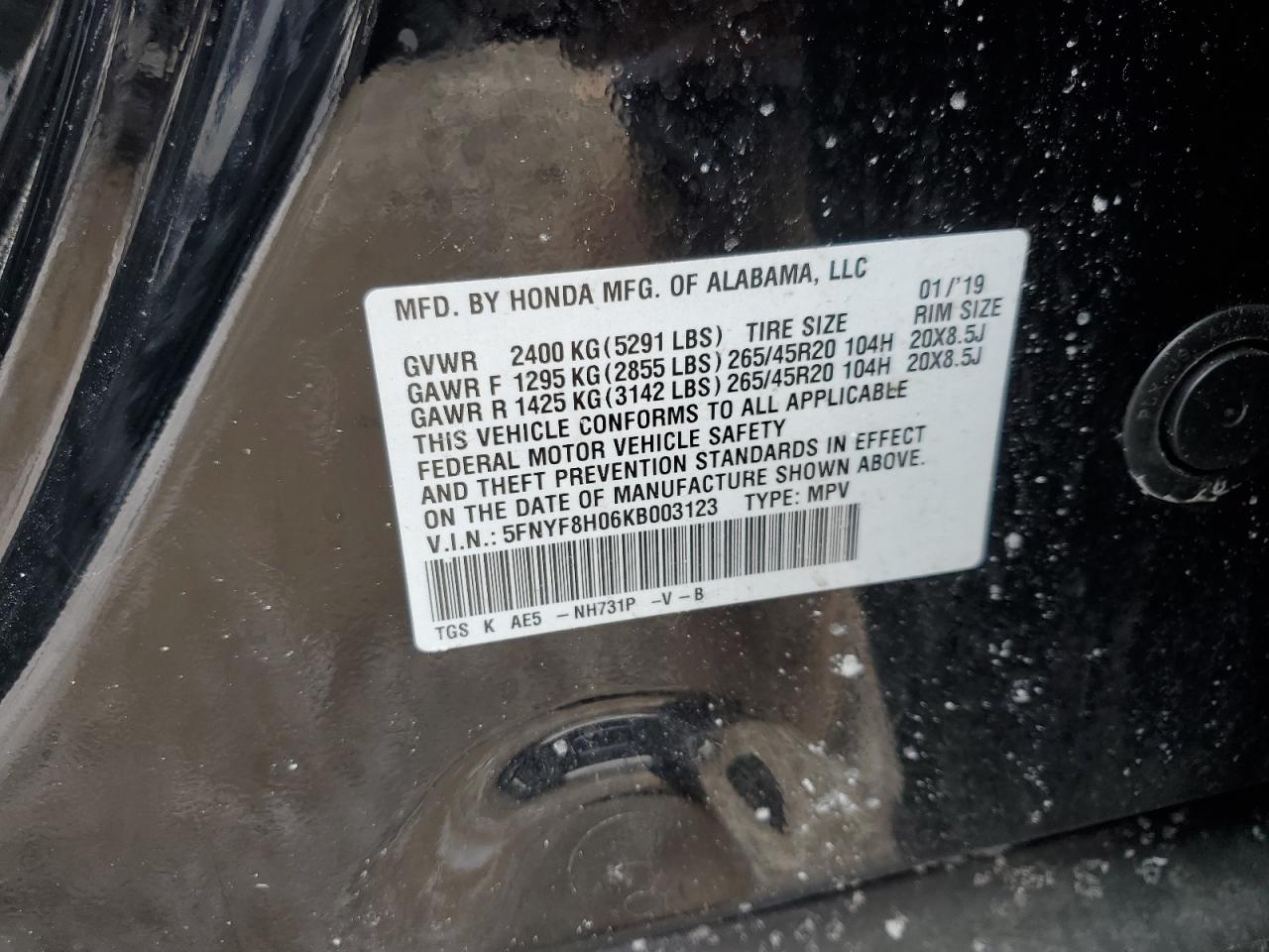 2019 Honda Passport VIN 5FNYF8H06KB003123 Copart auction photo, front end / rear end damage thumbnail 13