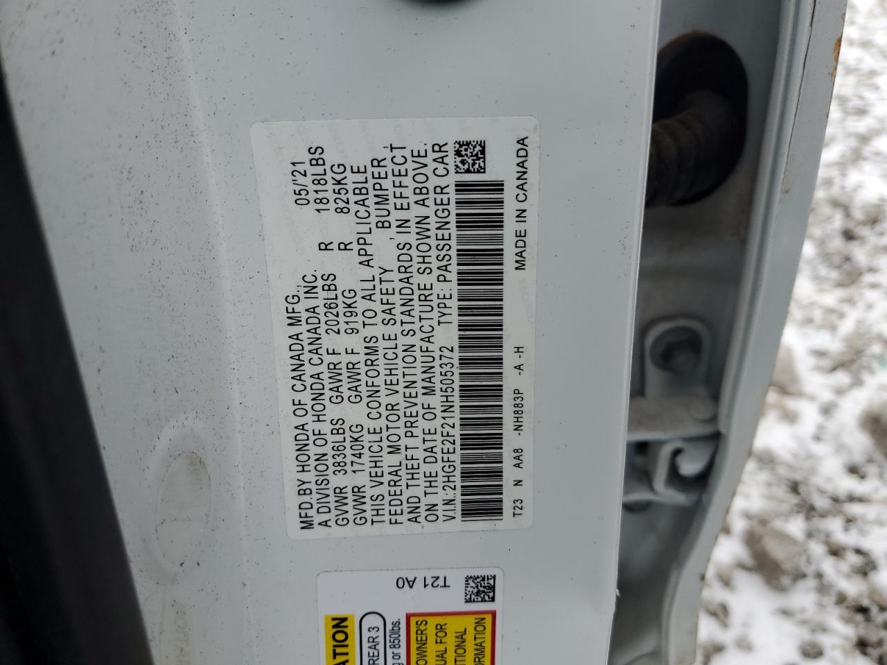 2022 Honda Civic VIN 2HGFE2F21NH505372 Copart auction photo, front end / side damage thumbnail 14