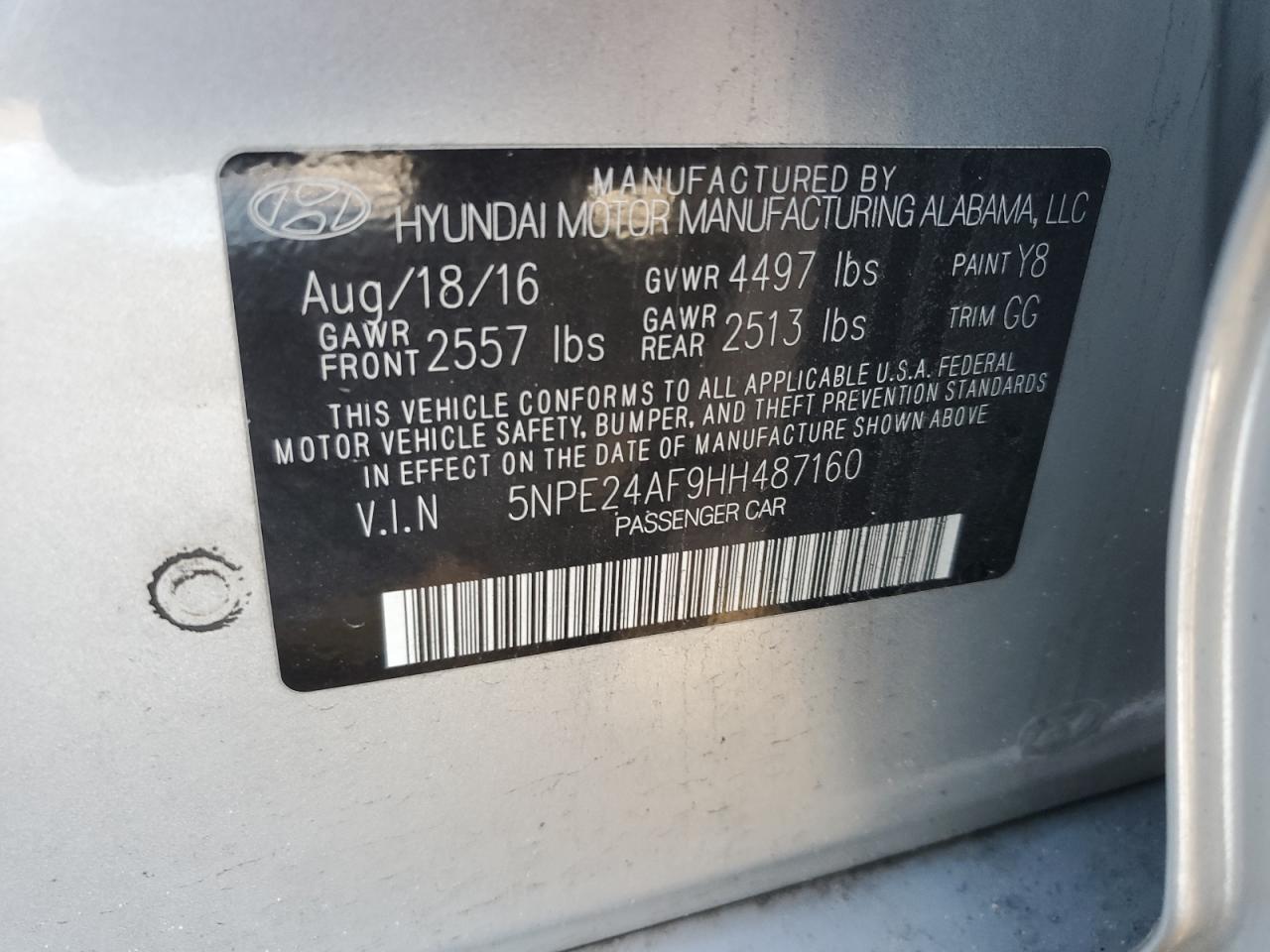 2017 Hyundai Sonata VIN 5NPE24AF9HH487160 Copart auction photo, front end / rear end damage thumbnail 14