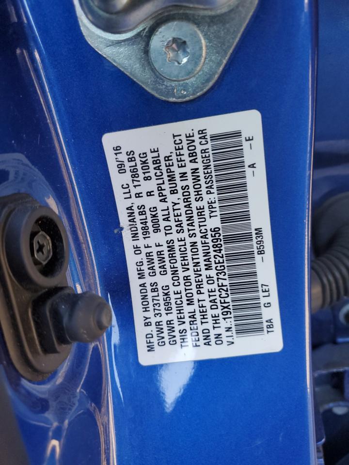 2016 Honda Civic VIN 19XFC2F73GE248956 Copart auction photo, front end damage thumbnail 12