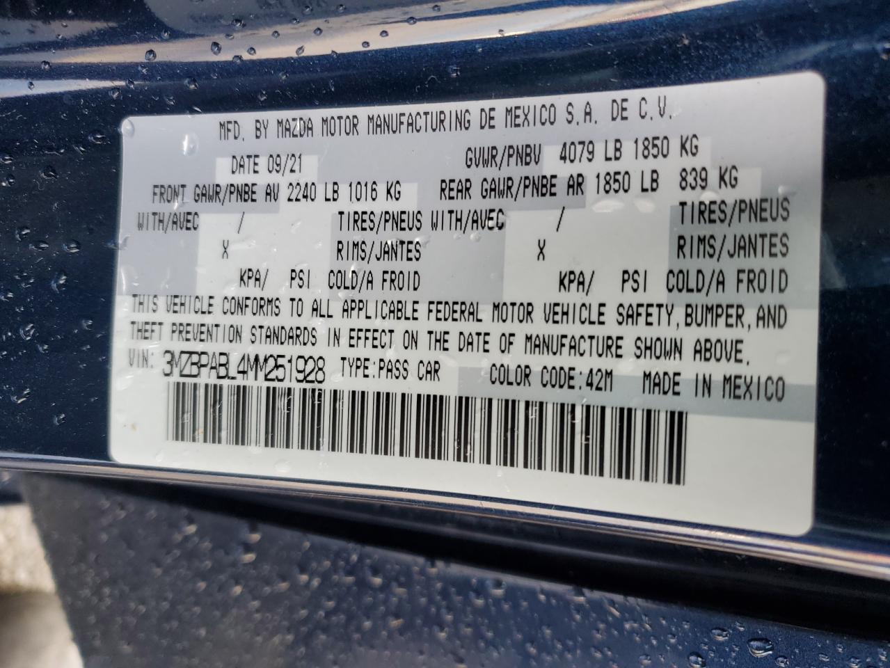 2021 Mazda 3 VIN 3MZBPABL4MM251928 Copart auction photo, front end / rear end damage thumbnail 13
