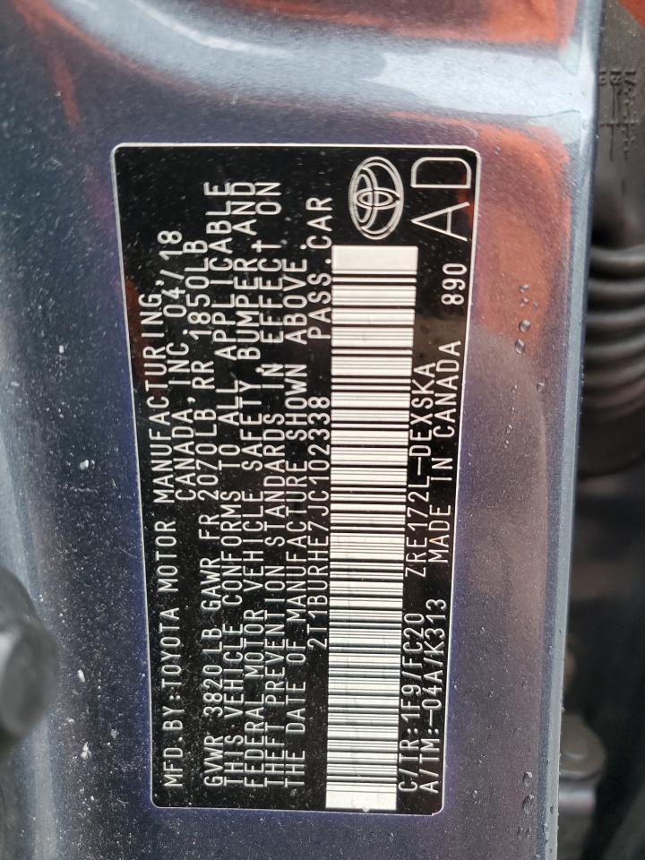 2018 Toyota Corolla VIN 2T1BURHE7JC102338 Copart auction photo, front end / rear end damage thumbnail 14