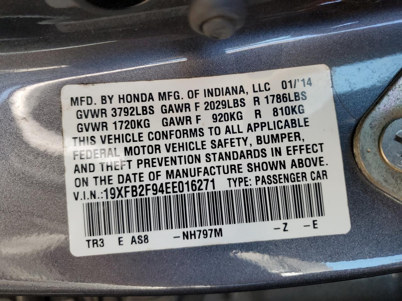 2014 Honda Civic VIN 19XFB2F94EE016271 Copart auction photo, minor dent/scratches damage thumbnail 12