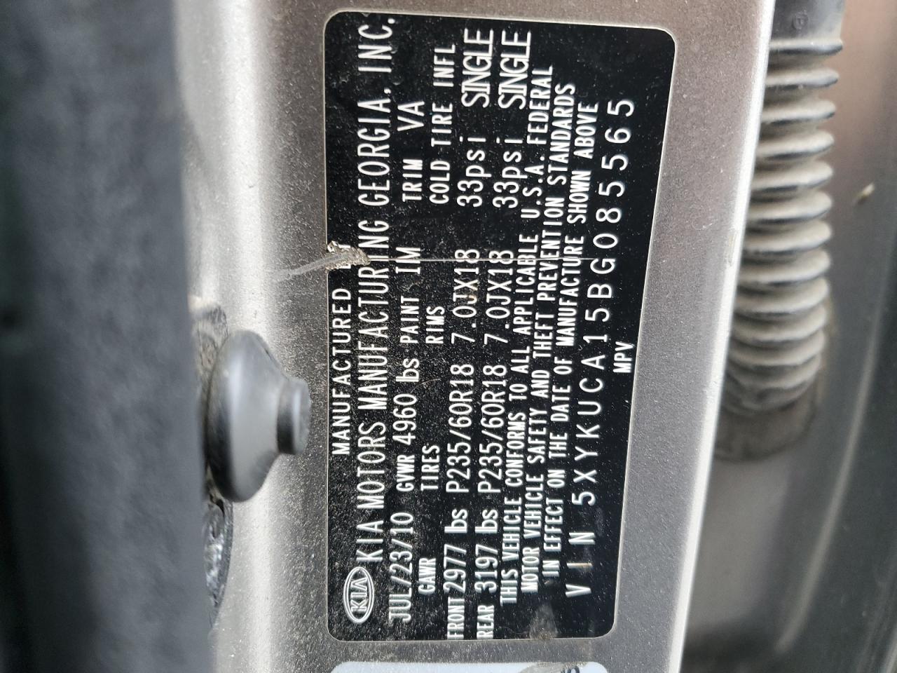 2011 KIA Sorento VIN 5XYKUCA15BG085565 Copart auction photo, side damage thumbnail 15