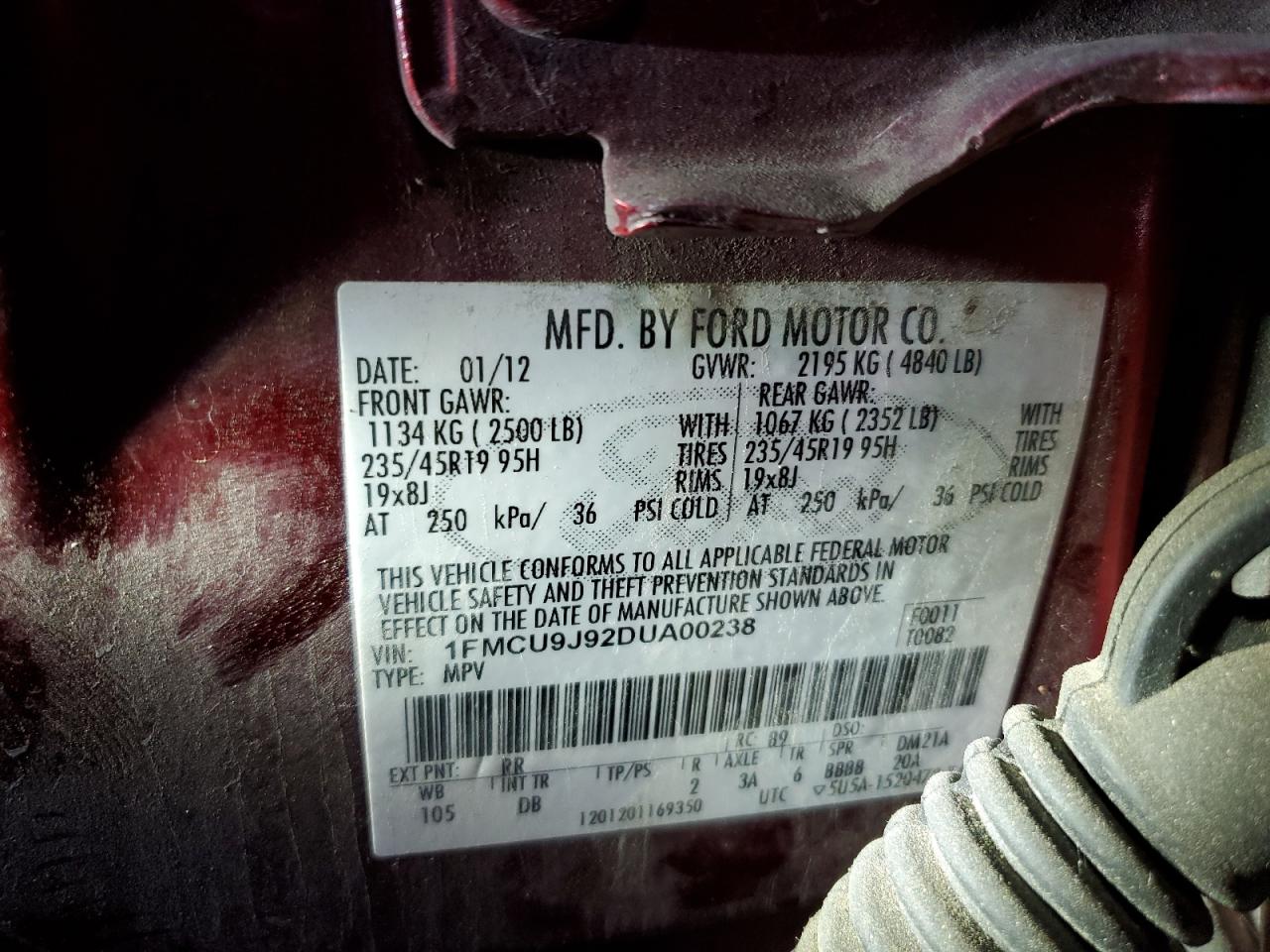 2013 Ford Escape VIN 1FMCU9J92DUA00238 Copart auction photo, front end damage thumbnail 13