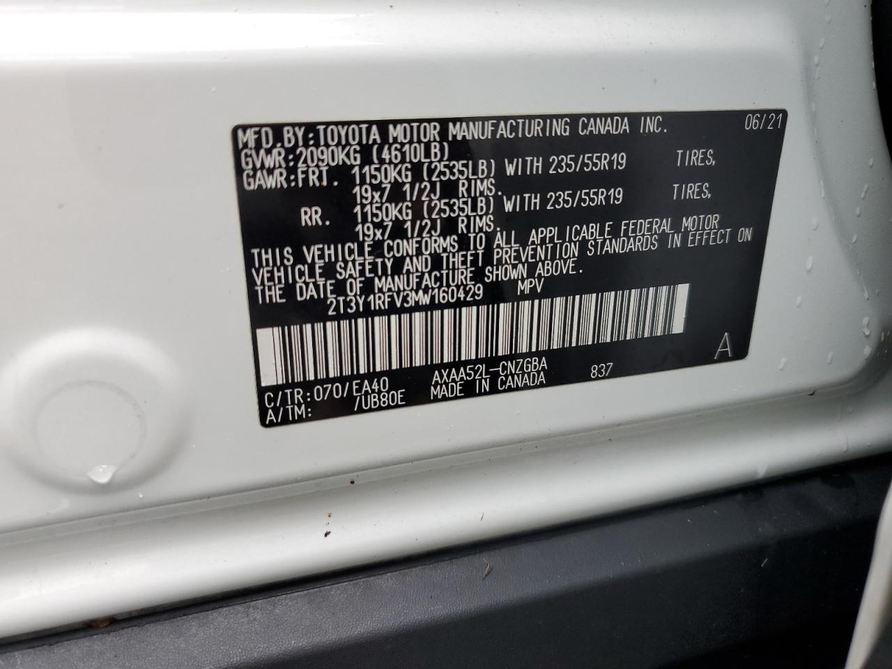 2021 Toyota RAV 4 VIN 2T3Y1RFV3MW160429 Copart auction photo, water/flood damage thumbnail 14