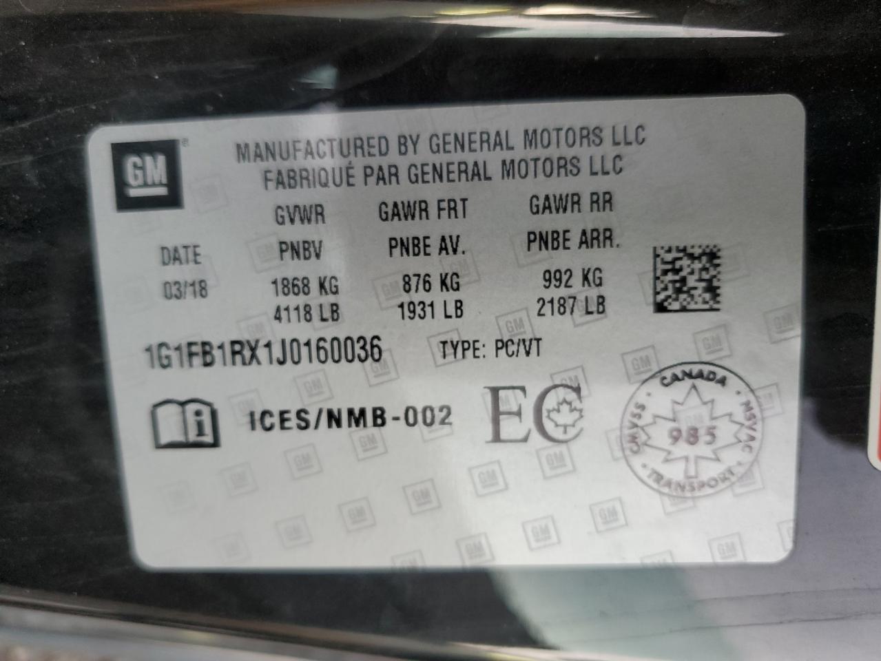 2018 Chevrolet Camaro VIN 1G1FB1RX1J0160036 Copart auction photo, hail / minor dent/scratches damage thumbnail 12