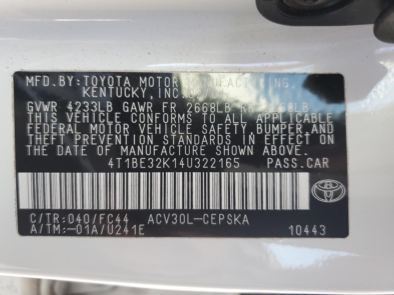 2004 Toyota Camry VIN 4T1BE32K14U322165 Copart auction photo, all over damage thumbnail 12