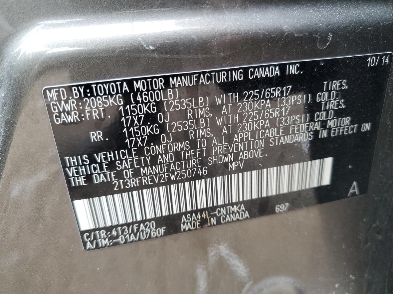 2015 Toyota RAV 4 VIN 2T3RFREV2FW250746 Copart auction photo, front end damage thumbnail 13
