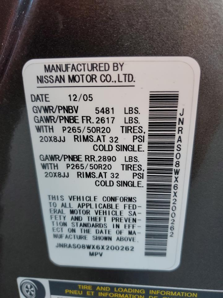 2006 Infiniti FX VIN JNRAS08WX6X200262 Copart auction photo, vandalism damage thumbnail 12