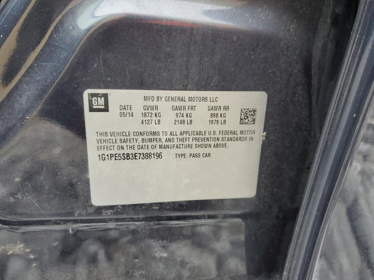 2014 Chevrolet Cruze VIN 1G1PE5SB3E7388196 Copart auction photo, front end / frame damage damage thumbnail 12