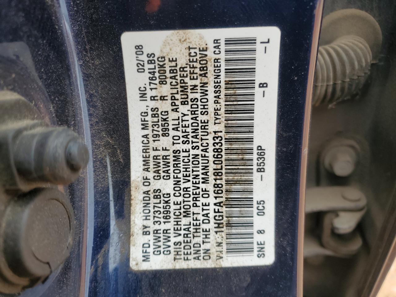2008 Honda Civic VIN 1HGFA16818L068331 Copart auction photo, side damage thumbnail 12