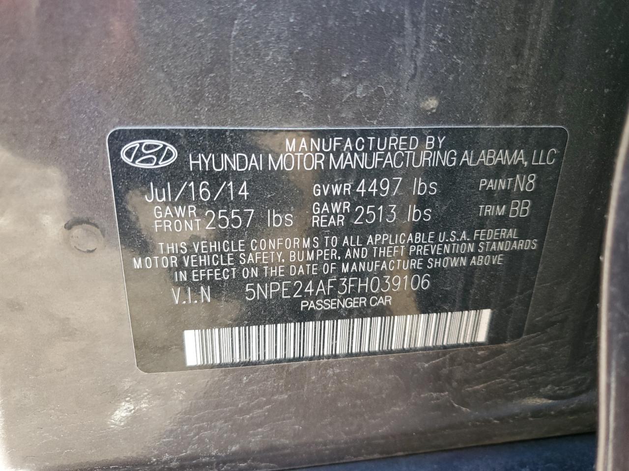 2015 Hyundai Sonata VIN 5NPE24AF3FH039106 Copart auction photo, front end / side damage thumbnail 12