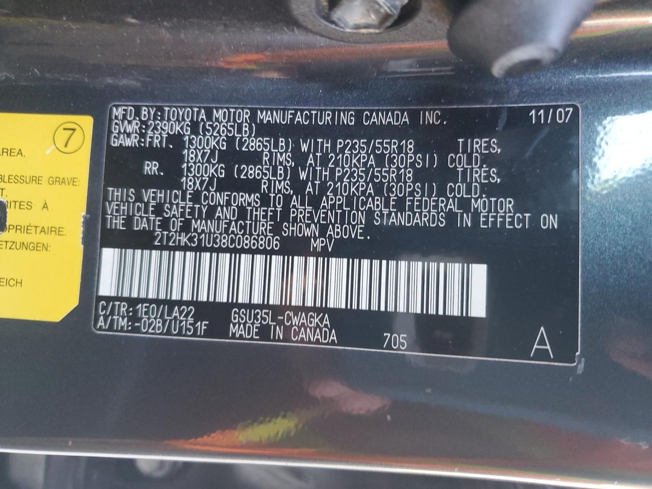 2008 Lexus RX VIN 2T2HK31U38C086806 Copart auction photo, front end / mechanical damage thumbnail 13