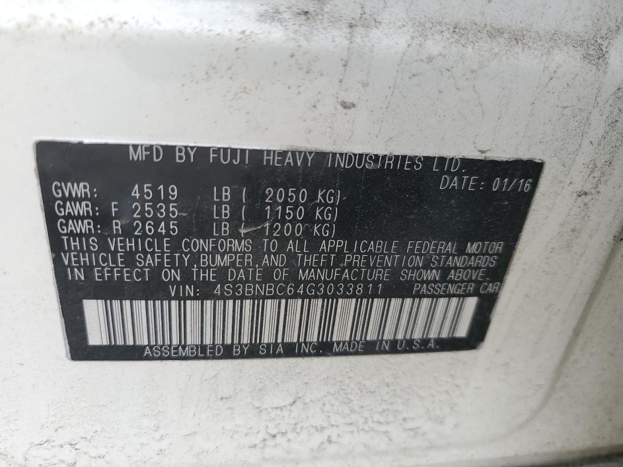 2016 Subaru Legacy VIN 4S3BNBC64G3033811 Copart auction photo, front end / minor dent/scratches damage thumbnail 15