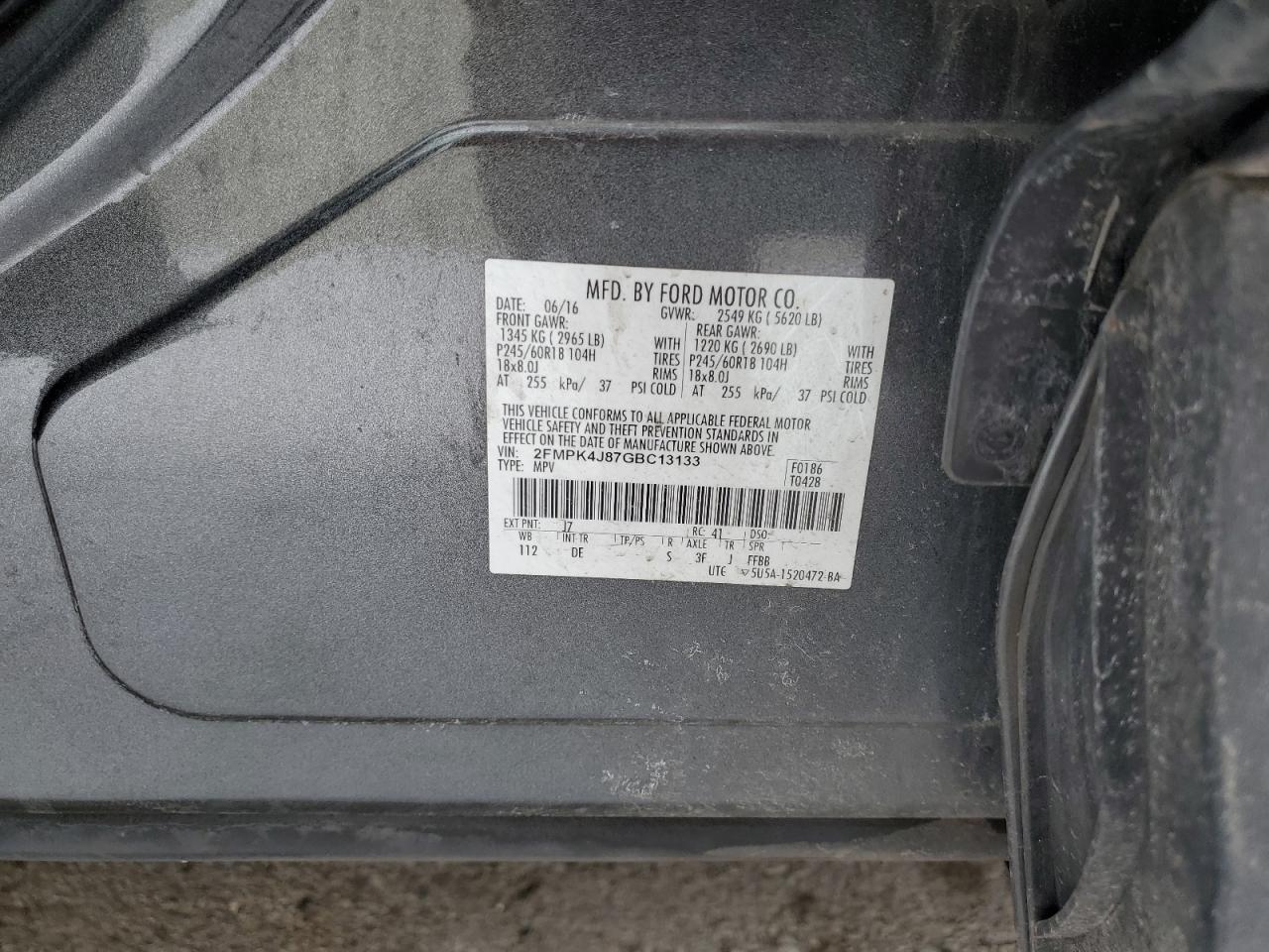 2016 Ford Edge VIN 2FMPK4J87GBC13133 Copart auction photo, front end damage thumbnail 15