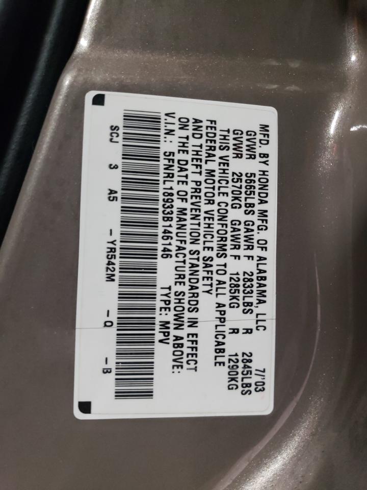 2003 Honda Odyssey VIN 5FNRL18933B146146 Copart auction photo, rear end damage thumbnail 13