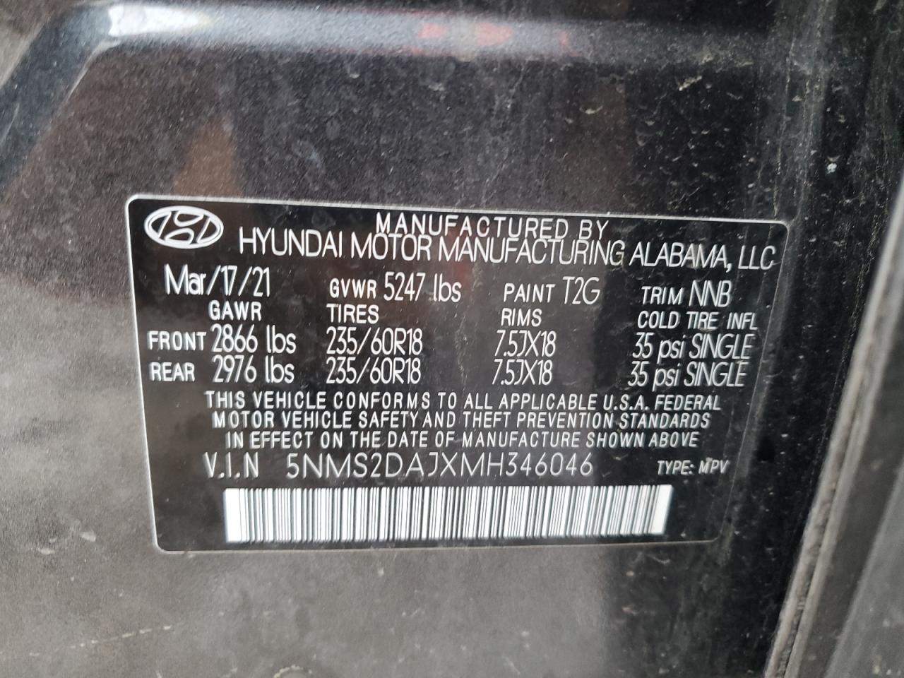 2021 Hyundai Santa Fe VIN 5NMS2DAJXMH346046 Copart auction photo, front end / side damage thumbnail 14