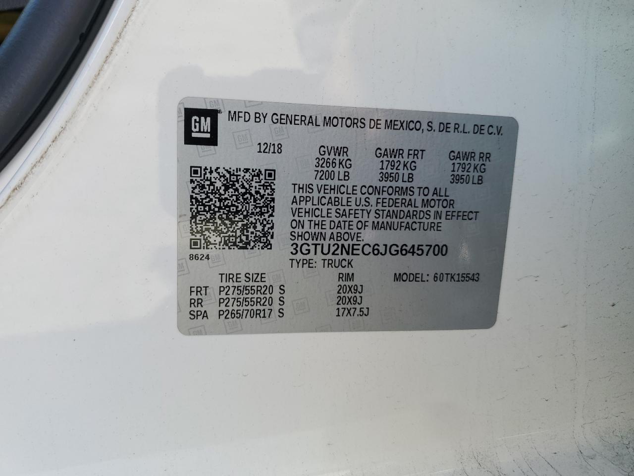 2018 GMC Sierra VIN 3GTU2NEC6JG645700 Copart auction photo, all over damage thumbnail 12