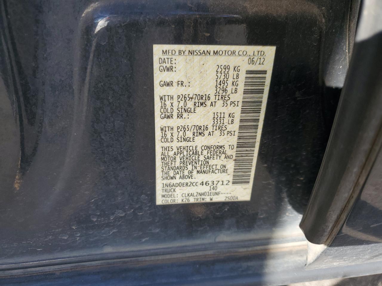 2012 Nissan Navara (Frontier) VIN 1N6AD0ER2CC463712 Copart auction photo, rear end damage thumbnail 12