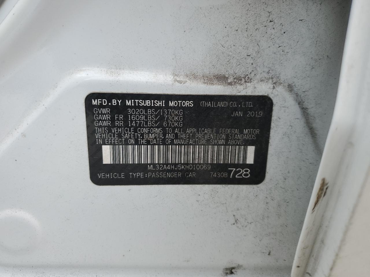 2019 Mitsubishi Mirage VIN ML32A4HJ5KH010069 Copart auction photo, rear end damage thumbnail 12