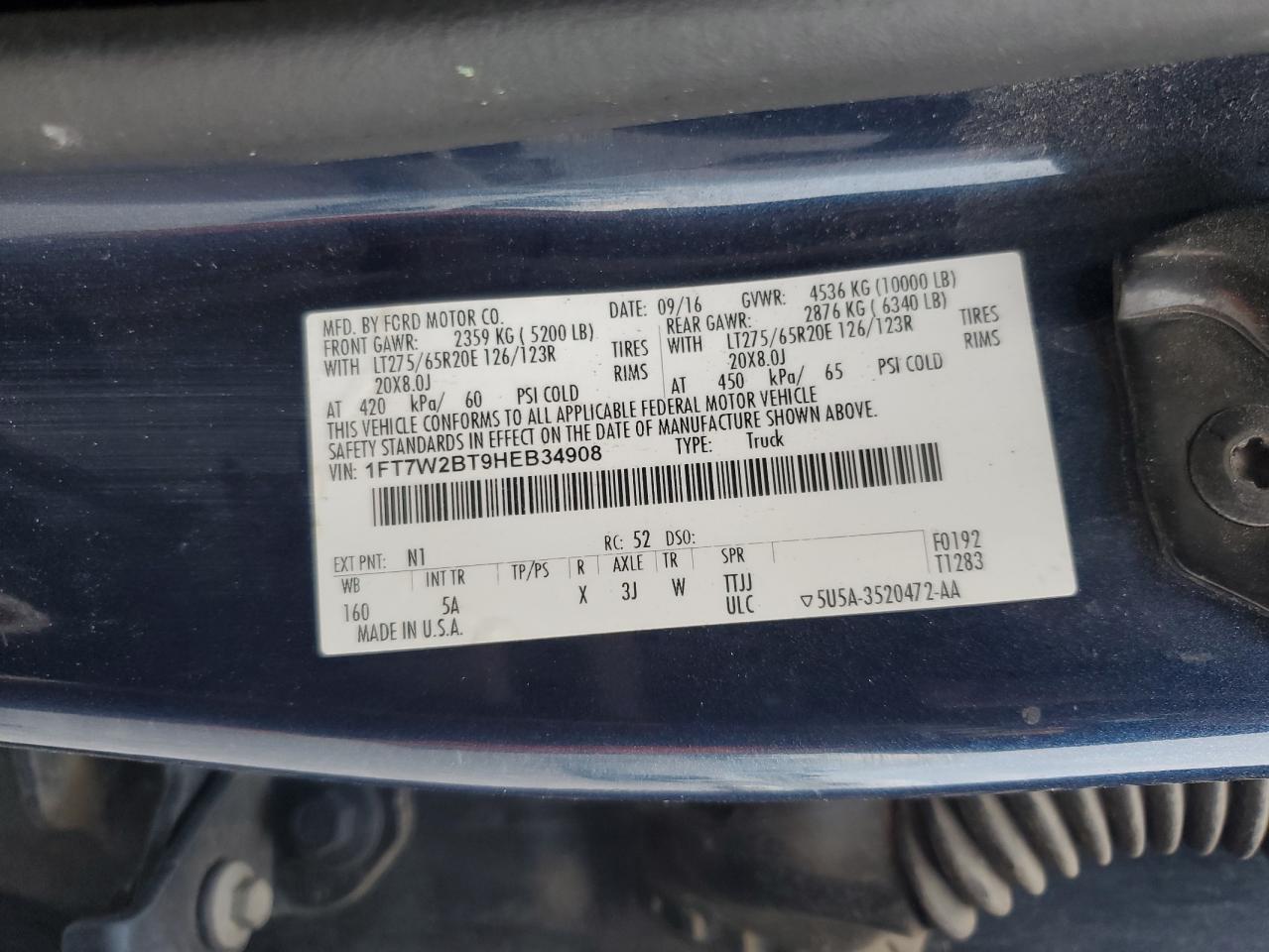 2017 Ford F250 VIN 1FT7W2BT9HEB34908 Copart auction photo, all over damage thumbnail 13