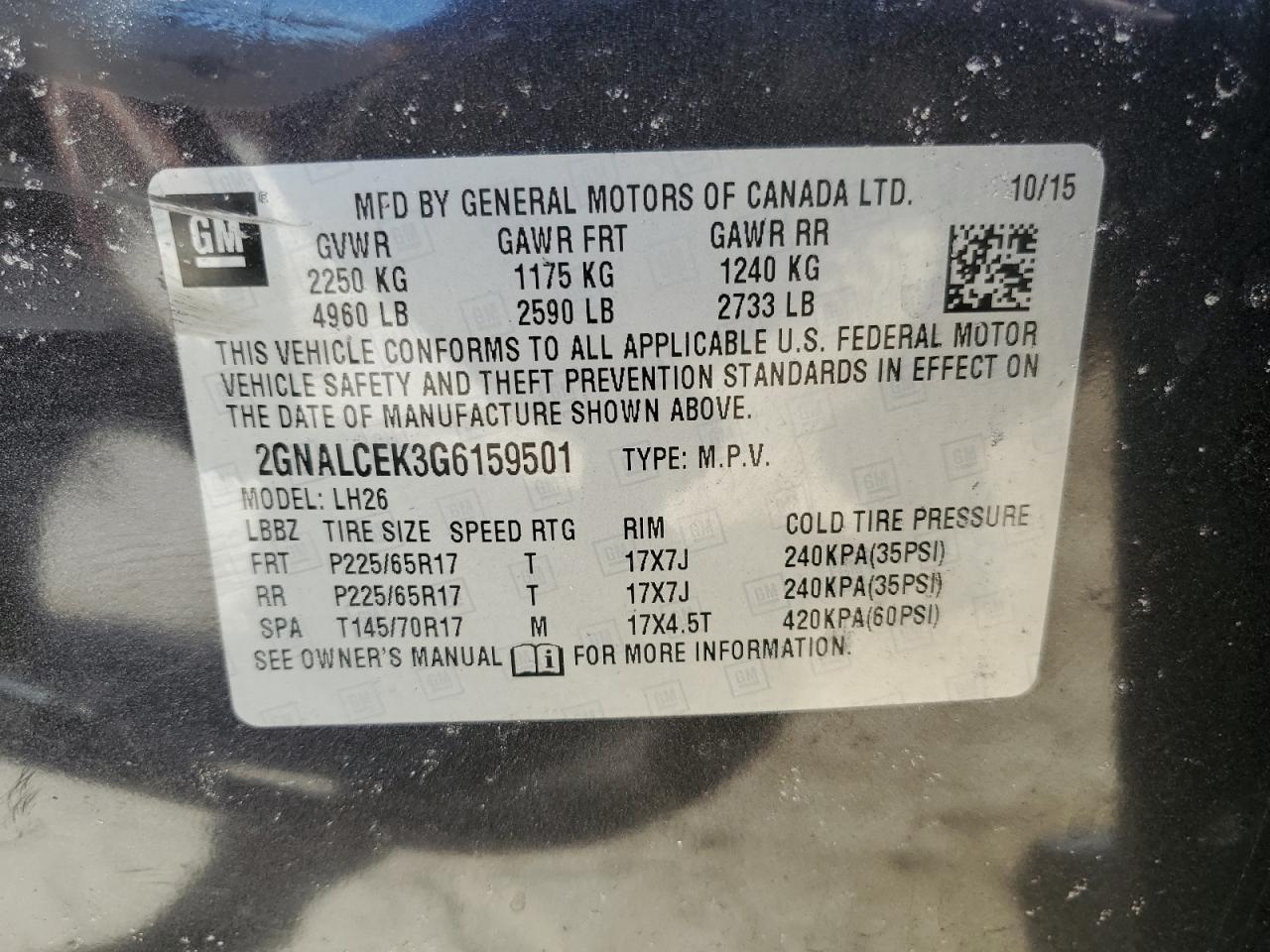2016 Chevrolet Equinox VIN 2GNALCEK3G6159501 Copart auction photo, all over / front end damage thumbnail 14