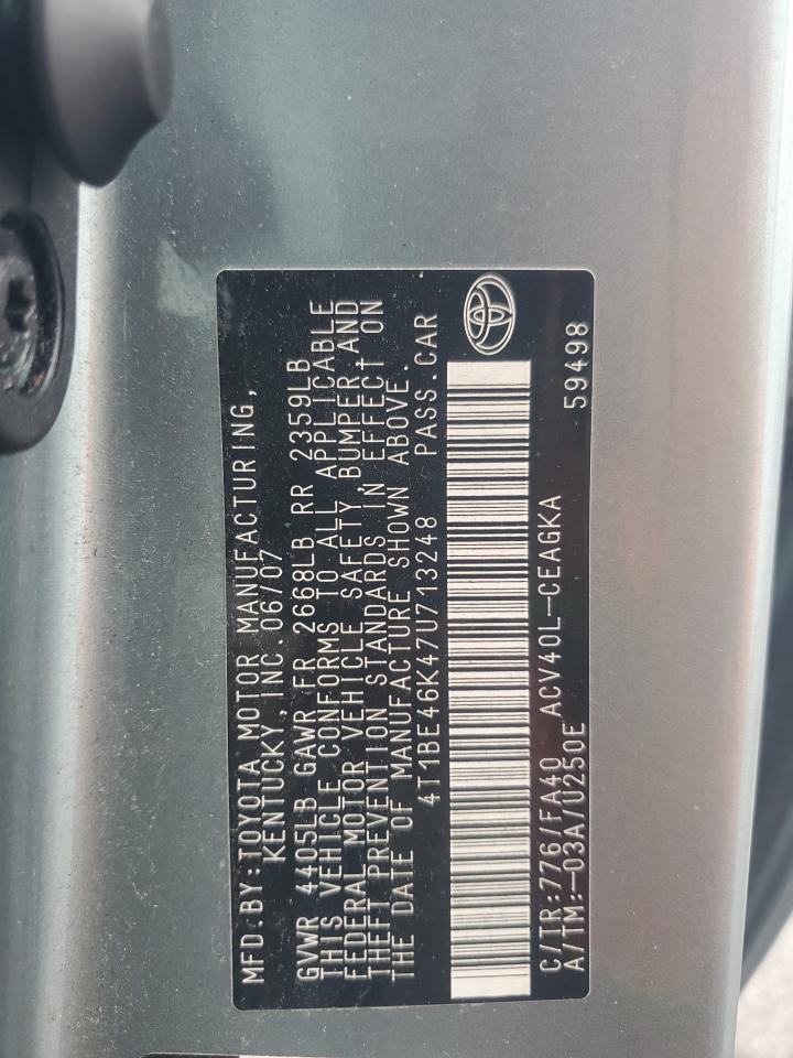 2007 Toyota Camry VIN 4T1BE46K47U713248 Copart auction photo, front end damage thumbnail 12