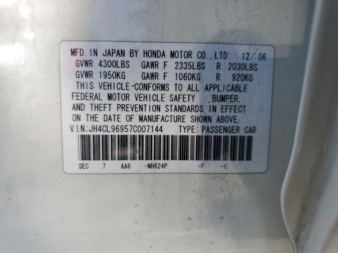 2007 Acura TSX VIN JH4CL96957C007144 Copart auction photo, front end damage thumbnail 13