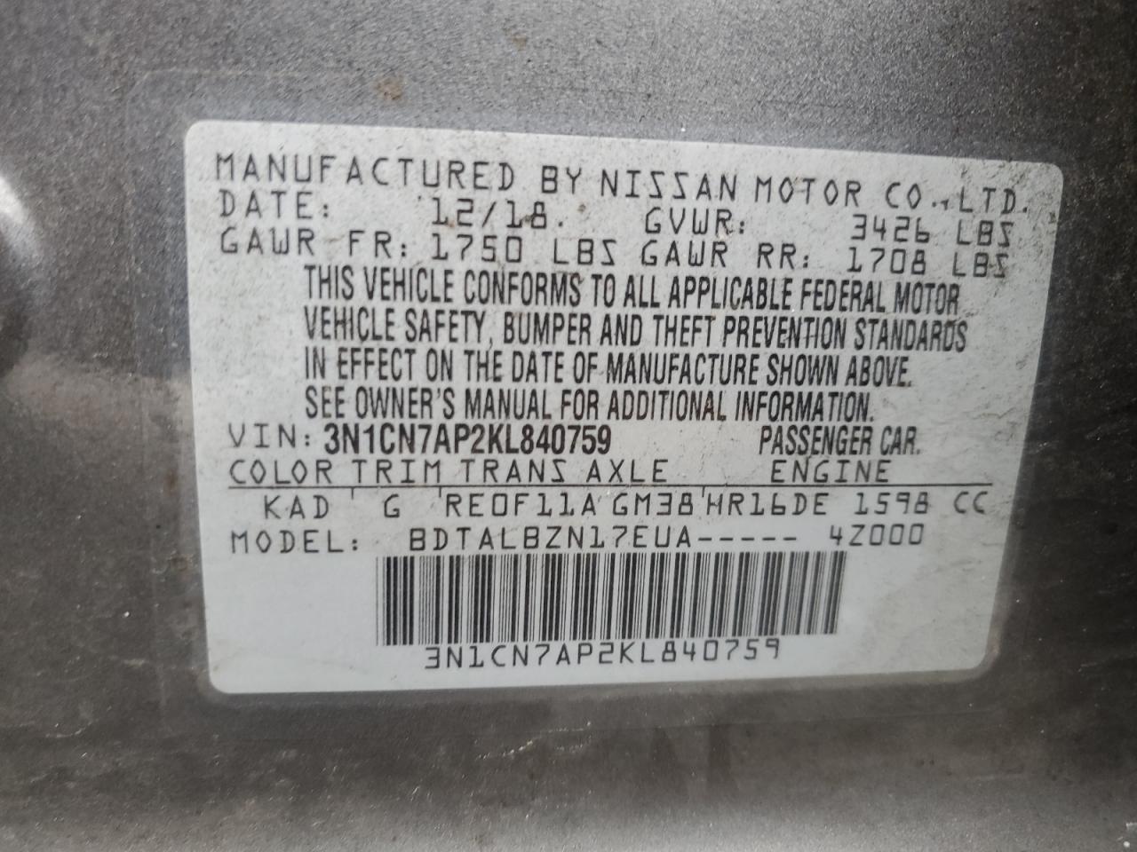 2019 Nissan Versa VIN 3N1CN7AP2KL840759 Copart auction photo, side / rear end damage thumbnail 14