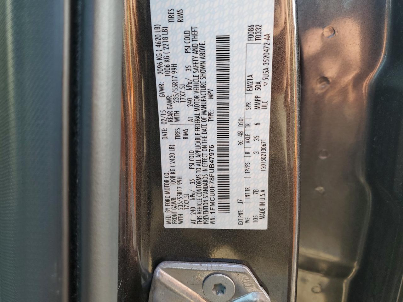 2015 Ford Escape VIN 1FMCU0F78FUB47976 Copart auction photo, front end damage thumbnail 16