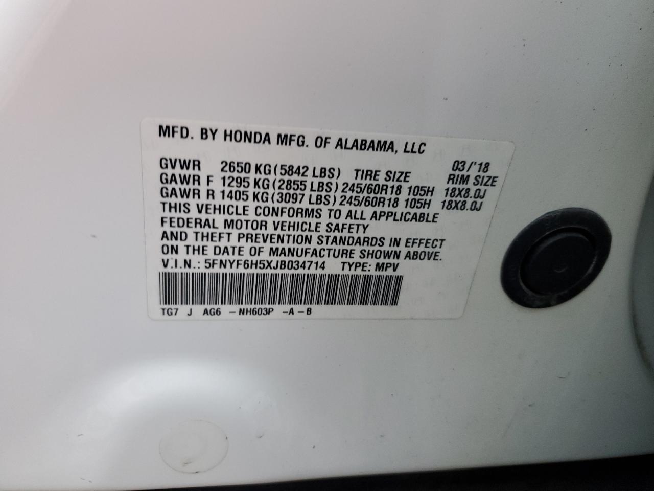 2018 Honda Pilot VIN 5FNYF6H5XJB034714 Copart auction photo, front end damage thumbnail 13