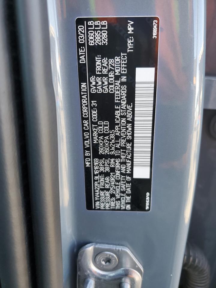 2020 Volvo XC90 VIN YV4A22PL9L1616169 Copart auction photo, front end damage thumbnail 13