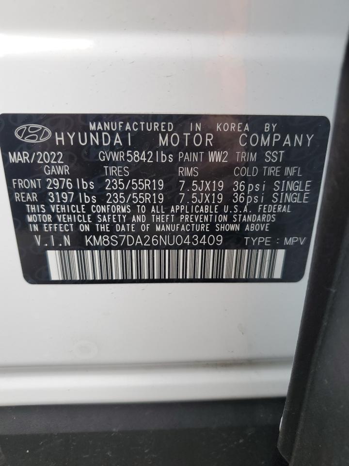 2022 Hyundai Santa Fe VIN KM8S7DA26NU043409 Copart auction photo, rear end damage thumbnail 13
