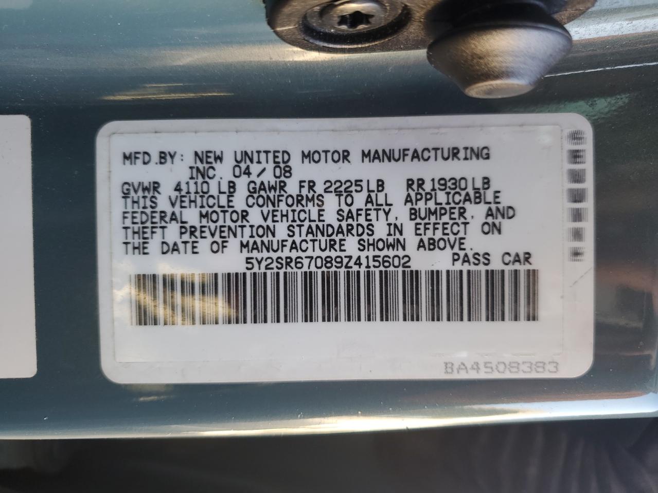 2009 Pontiac Vibe VIN 5Y2SR67089Z415602 Copart auction photo, rear end damage thumbnail 12
