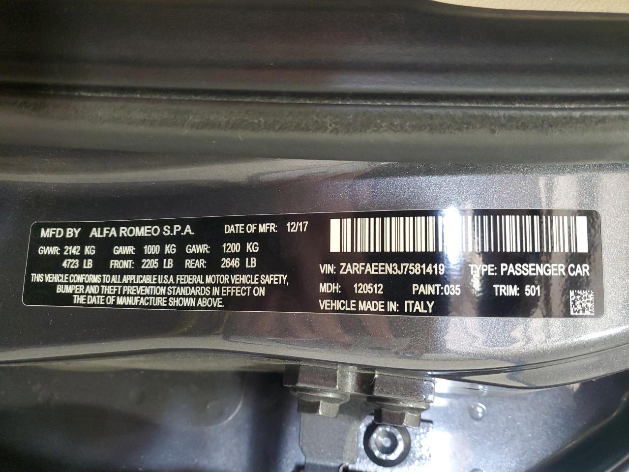 2018 Alfa Romeo Giulia VIN ZARFAEEN3J7581419 Copart auction photo, mechanical damage thumbnail 12