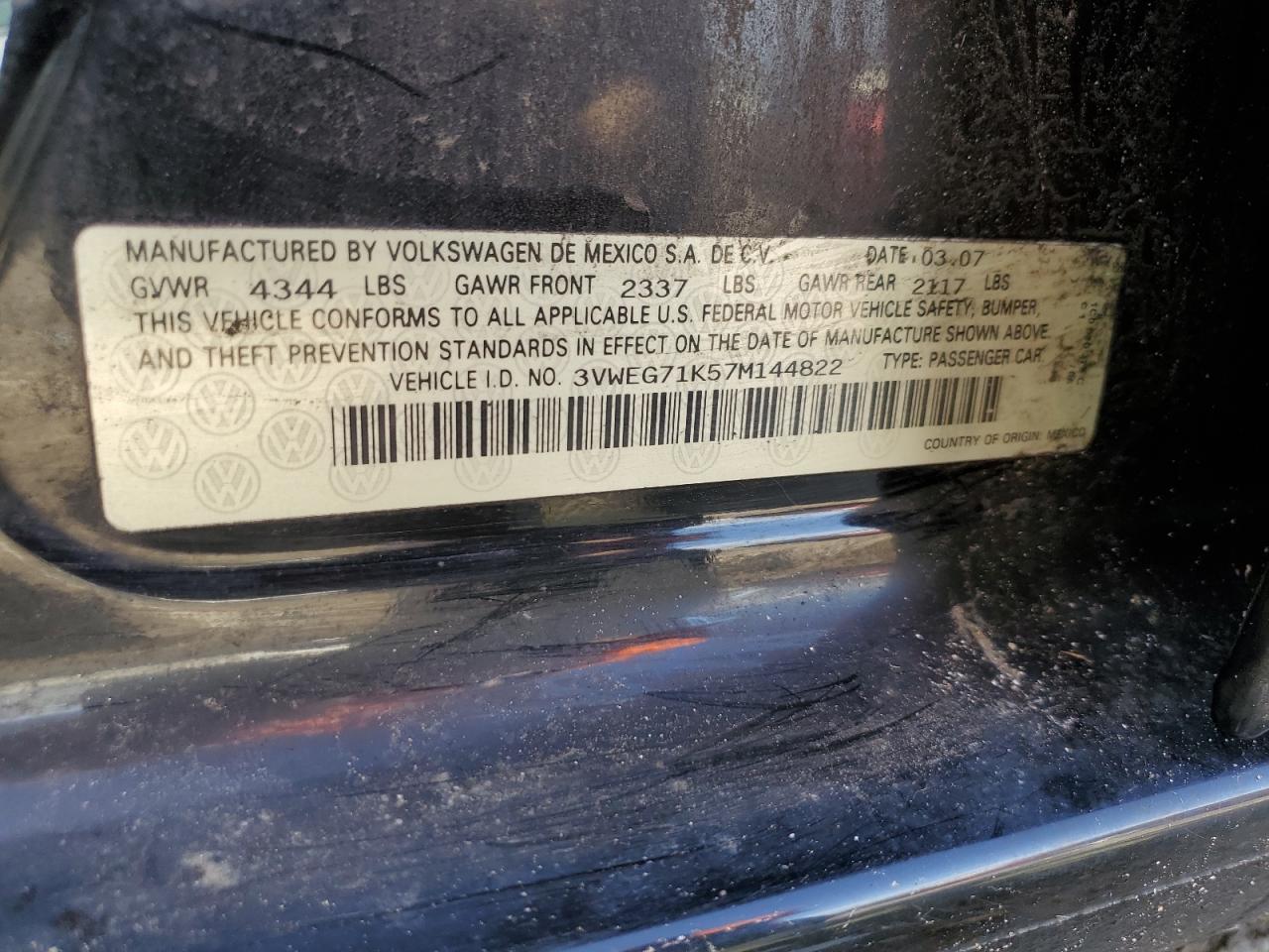 2007 Volkswagen Jetta VIN 3VWEG71K57M144822 Copart auction photo, front end / minor dent/scratches damage thumbnail 14